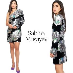SABINA MUSAYEV One Shoulder Juliette Mini Dress in silver multi Sz S NWOT